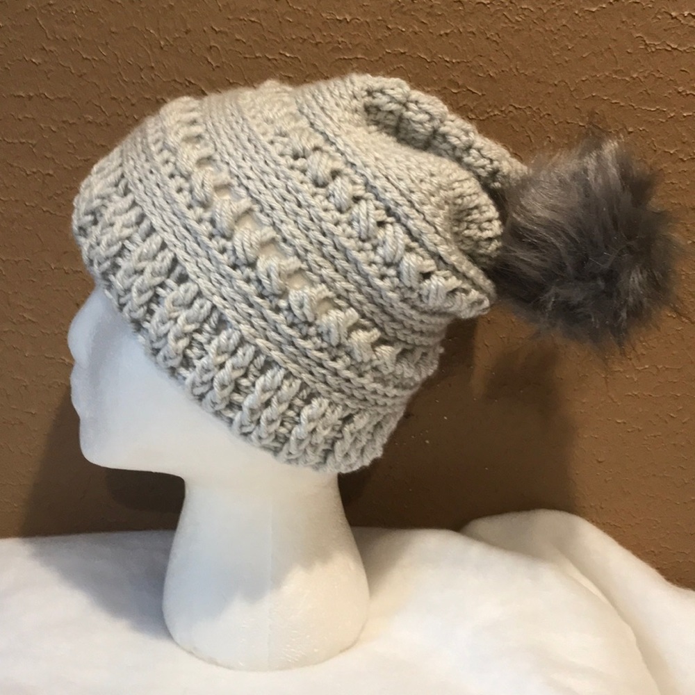 Bead Stitch Hand Crocheted Slouchy Hat/ Pom Pom